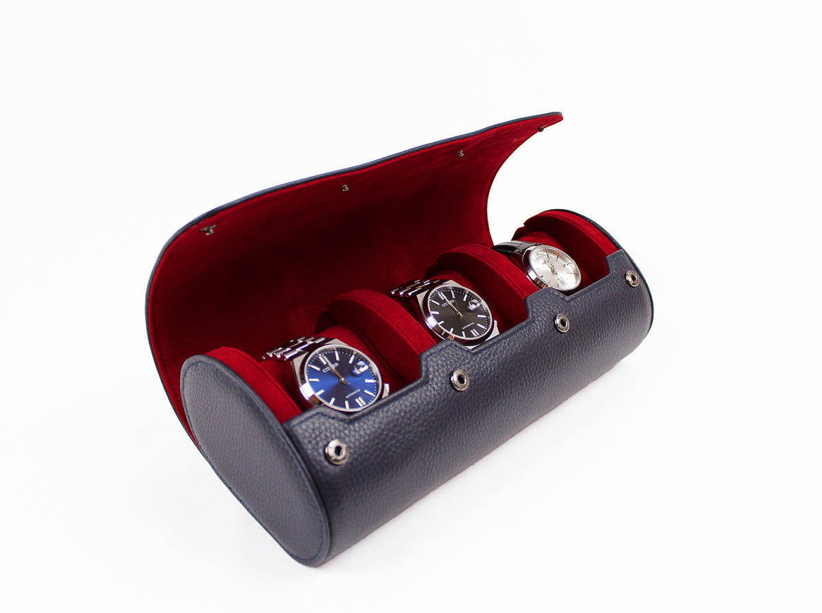 Navy Blue Watch Roll for 3 Watches | Genuine Leather