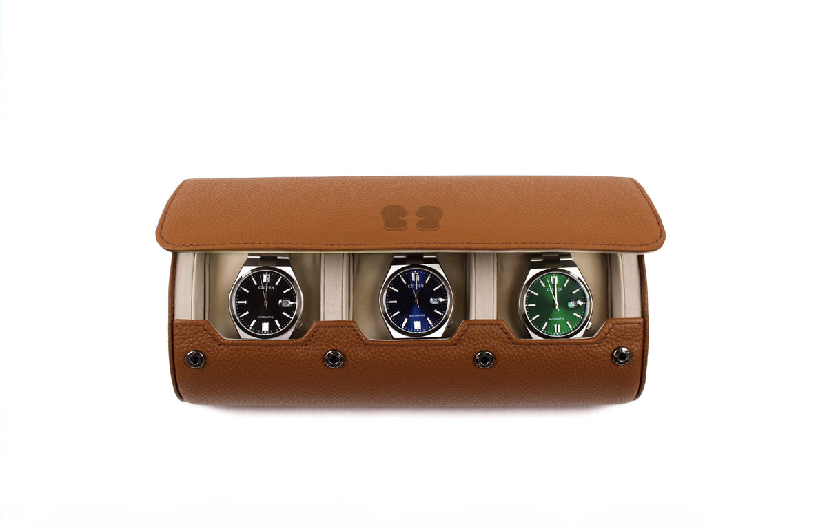 Brown watch roll for 3 watches | Genuine leather