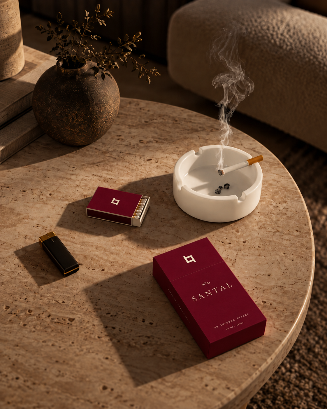 Santal — Packung auf Holztisch mit Sandelholz