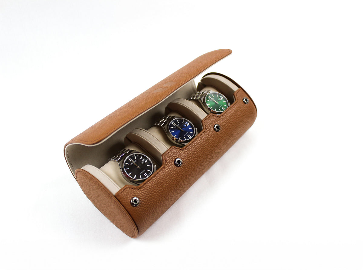 Brown watch roll for 3 watches | Genuine leather